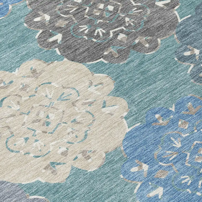 Teal Blue Beige And Ivory Quatrefoil Washable Indoor Outdoor Area Rug Photo 7