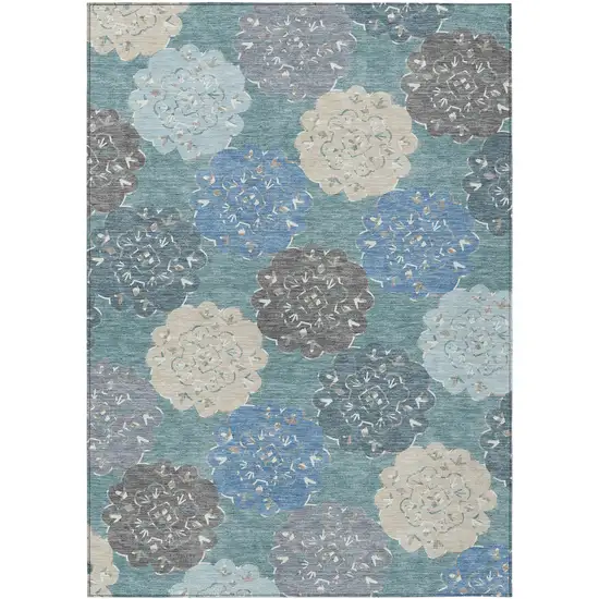 Teal Blue Beige And Ivory Quatrefoil Washable Indoor Outdoor Area Rug Photo 2