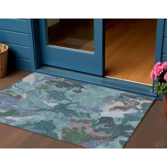 Teal Blue Beige And Pale Aqua Abstract Washable Indoor Outdoor Area Rug Photo 2