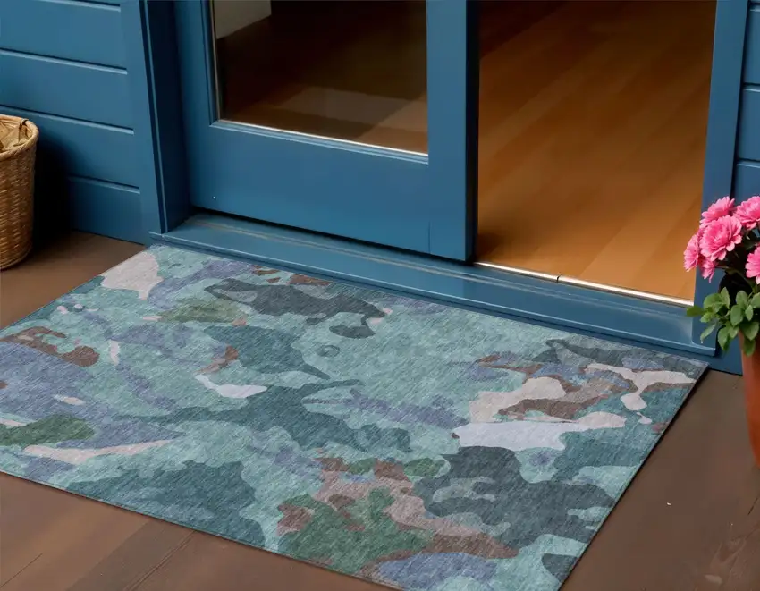 Teal Blue Beige And Pale Aqua Abstract Washable Indoor Outdoor Area Rug Photo 2