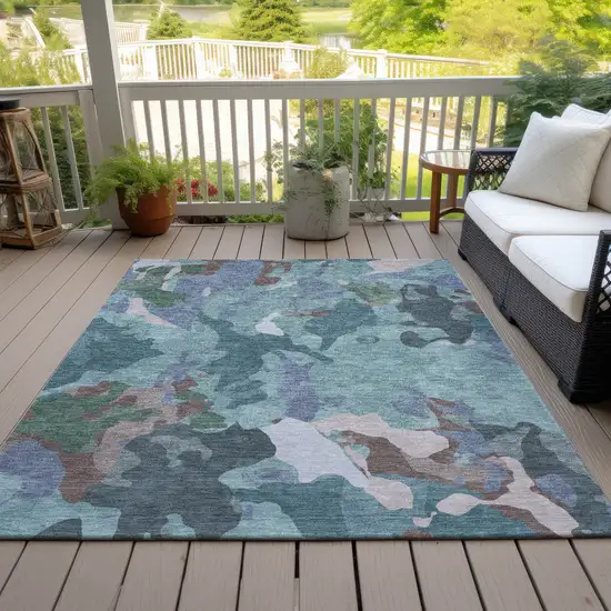 Teal Blue Beige And Pale Aqua Abstract Washable Indoor Outdoor Area Rug Photo 9