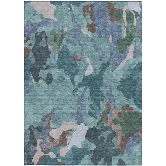 Teal Blue Beige And Pale Aqua Abstract Washable Indoor Outdoor Area Rug Photo 3