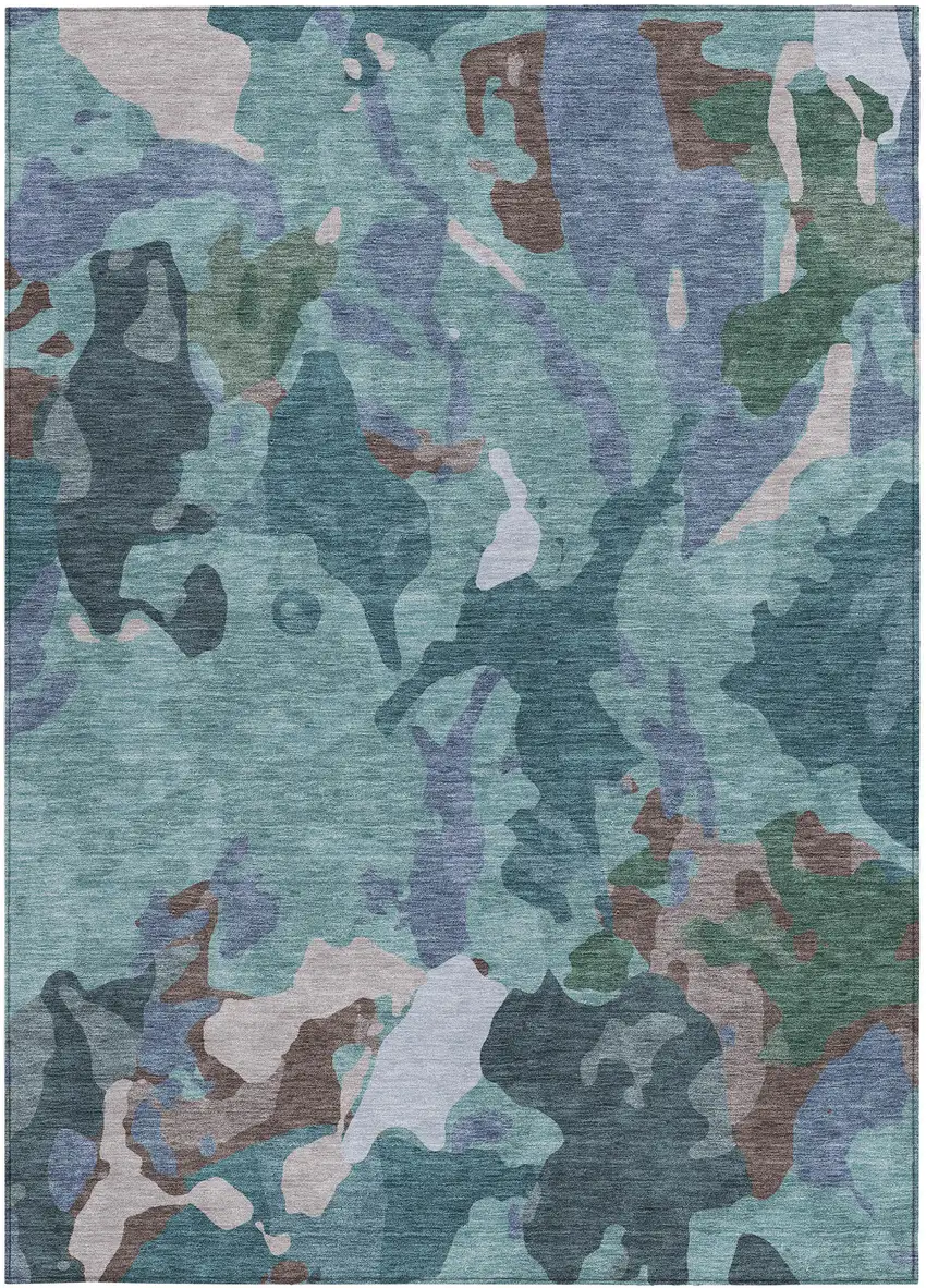 Teal Blue Beige And Pale Aqua Abstract Washable Indoor Outdoor Area Rug Photo 3