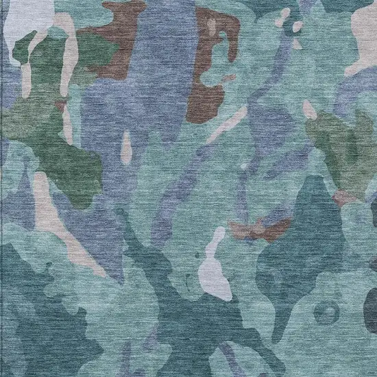 Teal Blue Beige And Pale Aqua Abstract Washable Indoor Outdoor Area Rug Photo 7