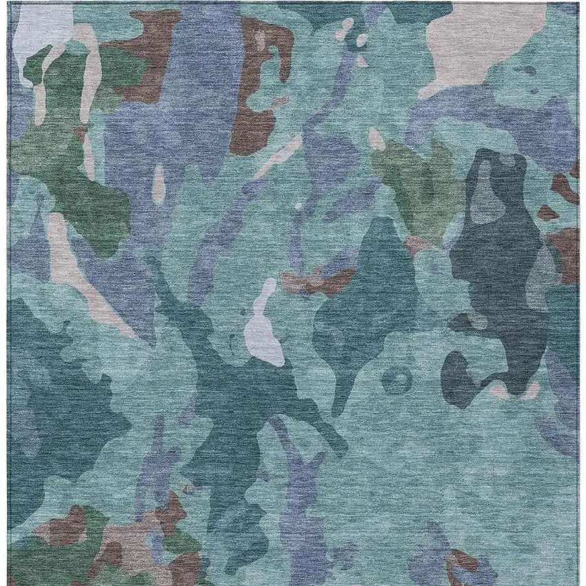 Teal Blue Beige And Pale Aqua Abstract Washable Indoor Outdoor Area Rug Photo 4