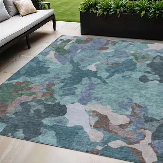 Teal Blue Beige And Pale Aqua Abstract Washable Indoor Outdoor Area Rug Photo 2