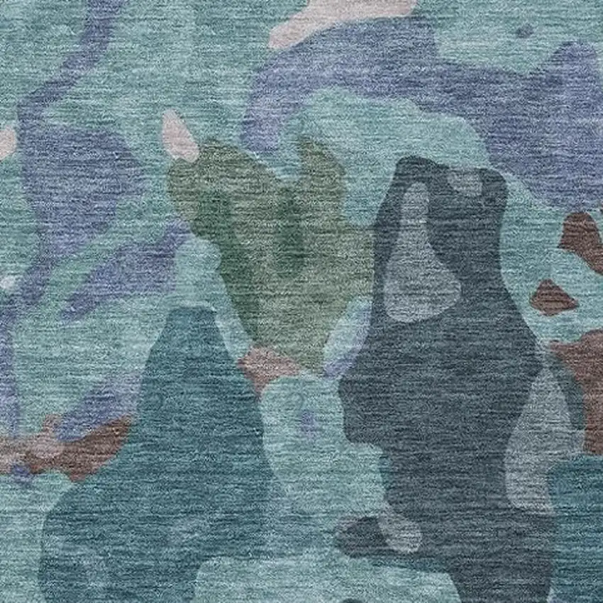 Teal Blue Beige And Pale Aqua Abstract Washable Indoor Outdoor Area Rug Photo 6