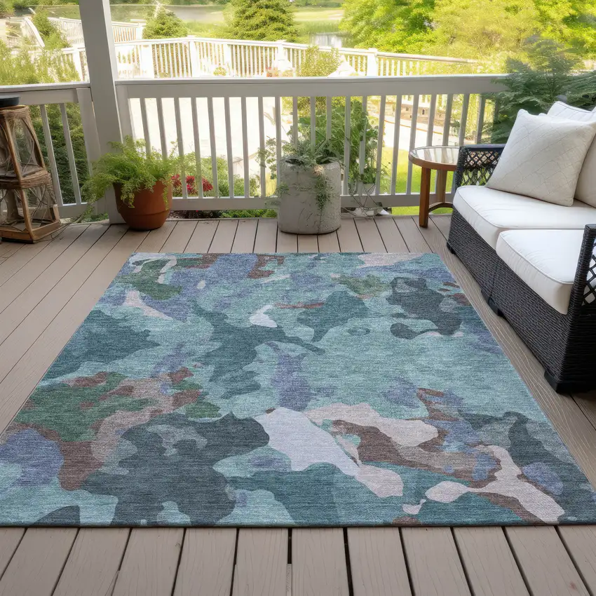 Teal Blue Beige And Pale Aqua Abstract Washable Indoor Outdoor Area Rug Photo 9