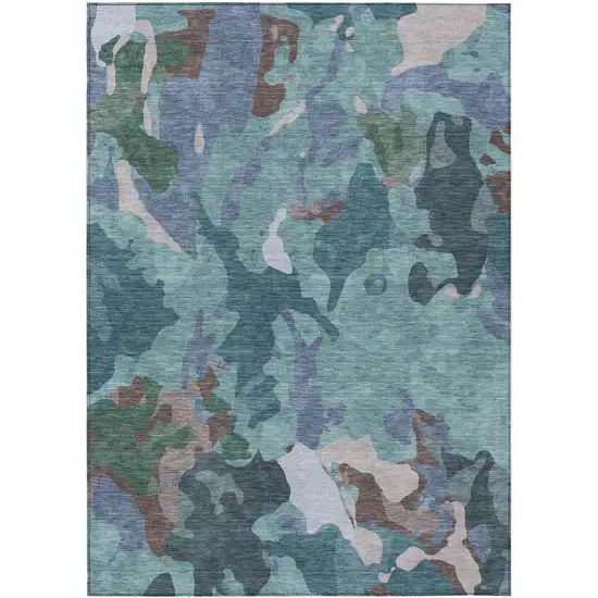 Teal Blue Beige And Pale Aqua Abstract Washable Indoor Outdoor Area Rug Photo 3