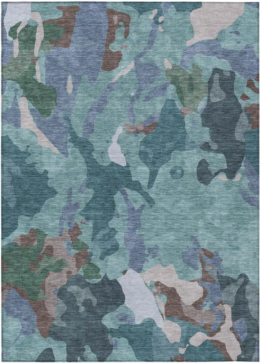 Teal Blue Beige And Pale Aqua Abstract Washable Indoor Outdoor Area Rug Photo 3