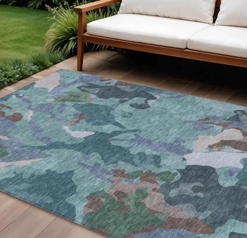 Teal Blue Beige And Pale Aqua Abstract Washable Indoor Outdoor Area Rug Photo 2