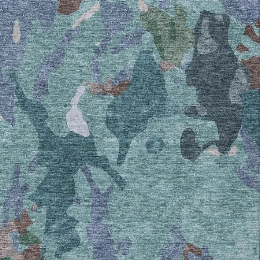 Teal Blue Beige And Pale Aqua Abstract Washable Indoor Outdoor Area Rug Photo 6