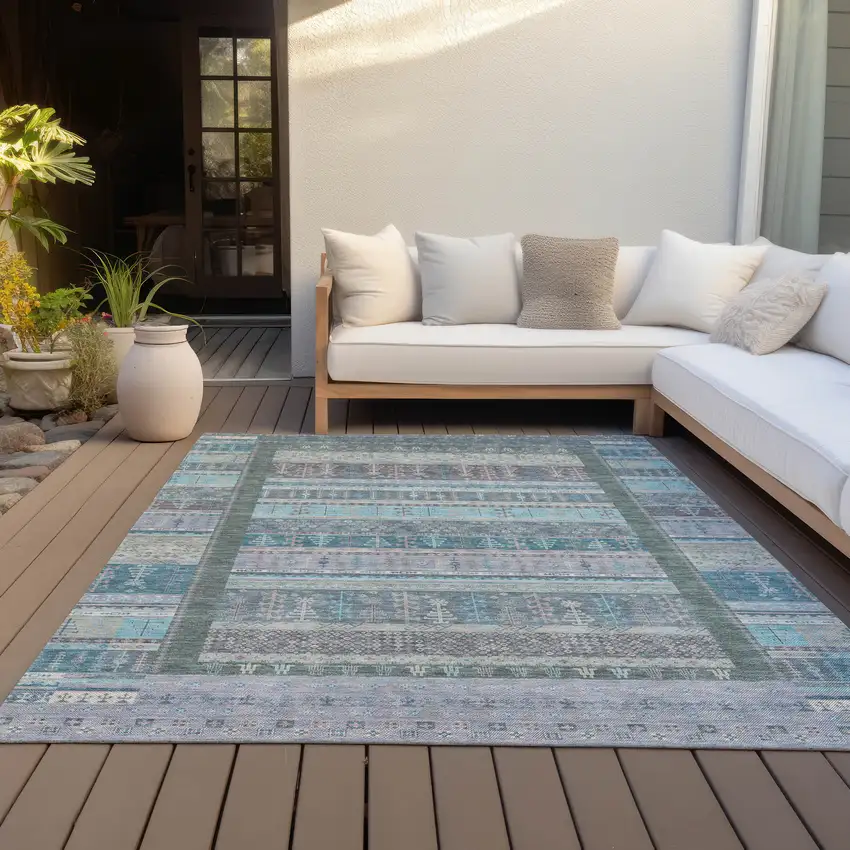 Teal Blue Beige And Pale Aqua Striped Washable Indoor Outdoor Area Rug Photo 7