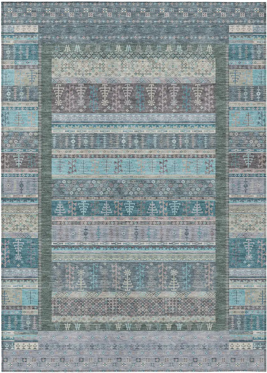 Teal Blue Beige And Pale Aqua Striped Washable Indoor Outdoor Area Rug Photo 1