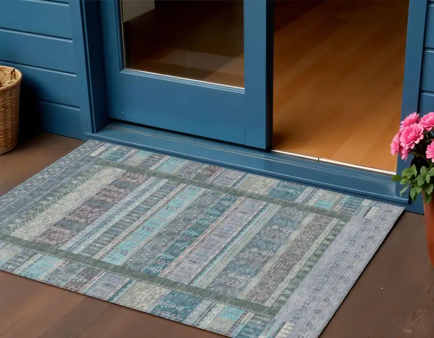 Teal Blue Beige And Pale Aqua Striped Washable Indoor Outdoor Area Rug Photo 2