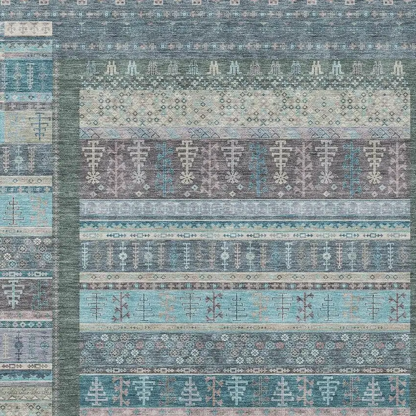 Teal Blue Beige And Pale Aqua Striped Washable Indoor Outdoor Area Rug Photo 5