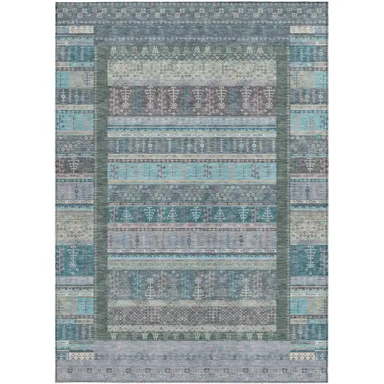 Teal Blue Beige And Pale Aqua Striped Washable Indoor Outdoor Area Rug Photo 4