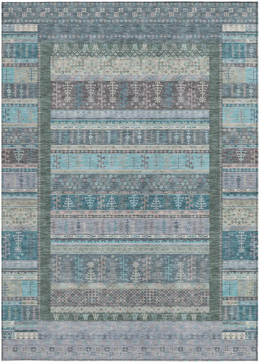Teal Blue Beige And Pale Aqua Striped Washable Indoor Outdoor Area Rug Photo 4
