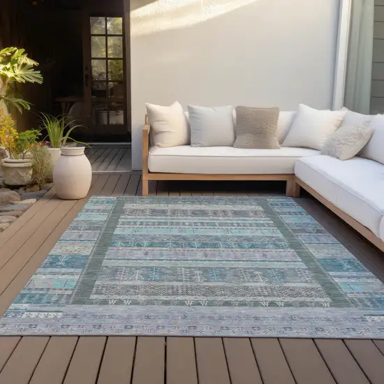 Teal Blue Beige And Pale Aqua Striped Washable Indoor Outdoor Area Rug Photo 9