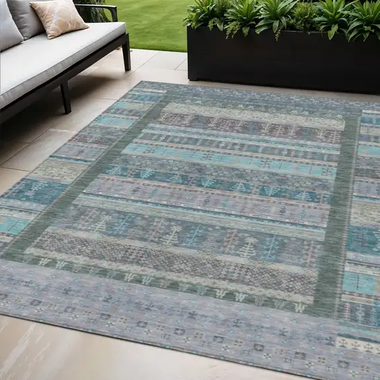 Teal Blue Beige And Pale Aqua Striped Washable Indoor Outdoor Area Rug Photo 2