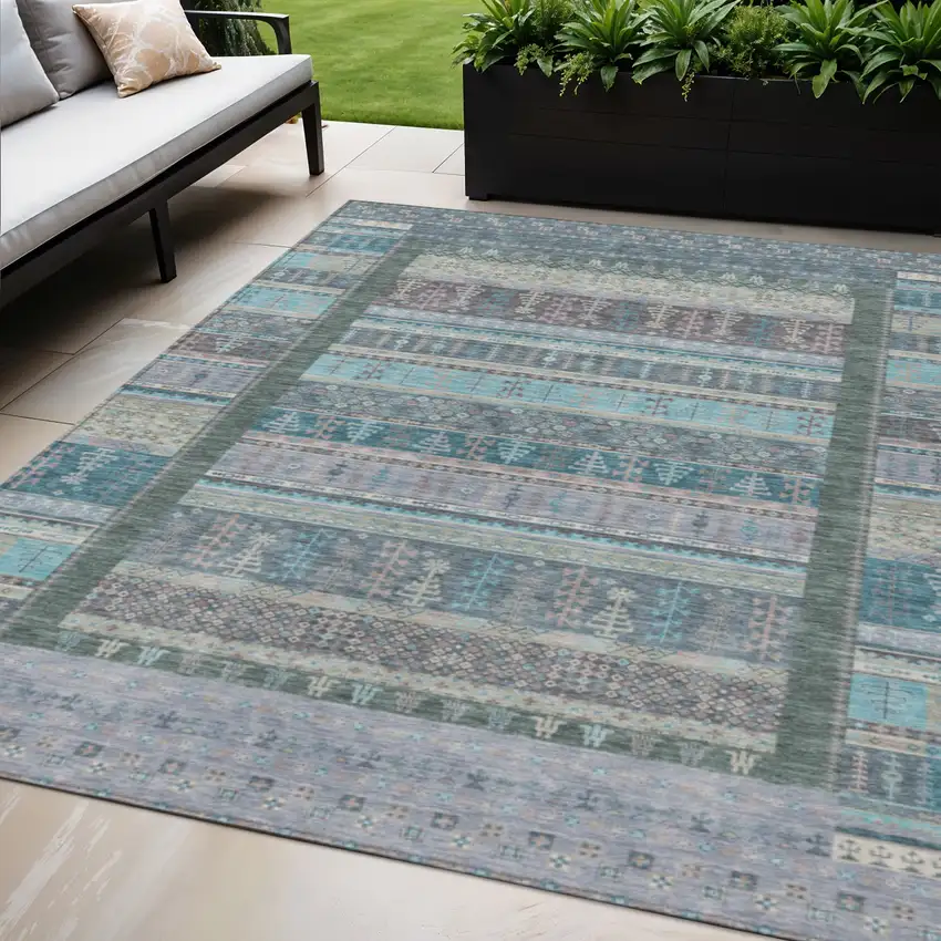 Teal Blue Beige And Pale Aqua Striped Washable Indoor Outdoor Area Rug Photo 2