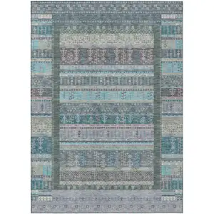 Photo of Teal Blue Beige And Pale Aqua Striped Washable Indoor Outdoor Area Rug
