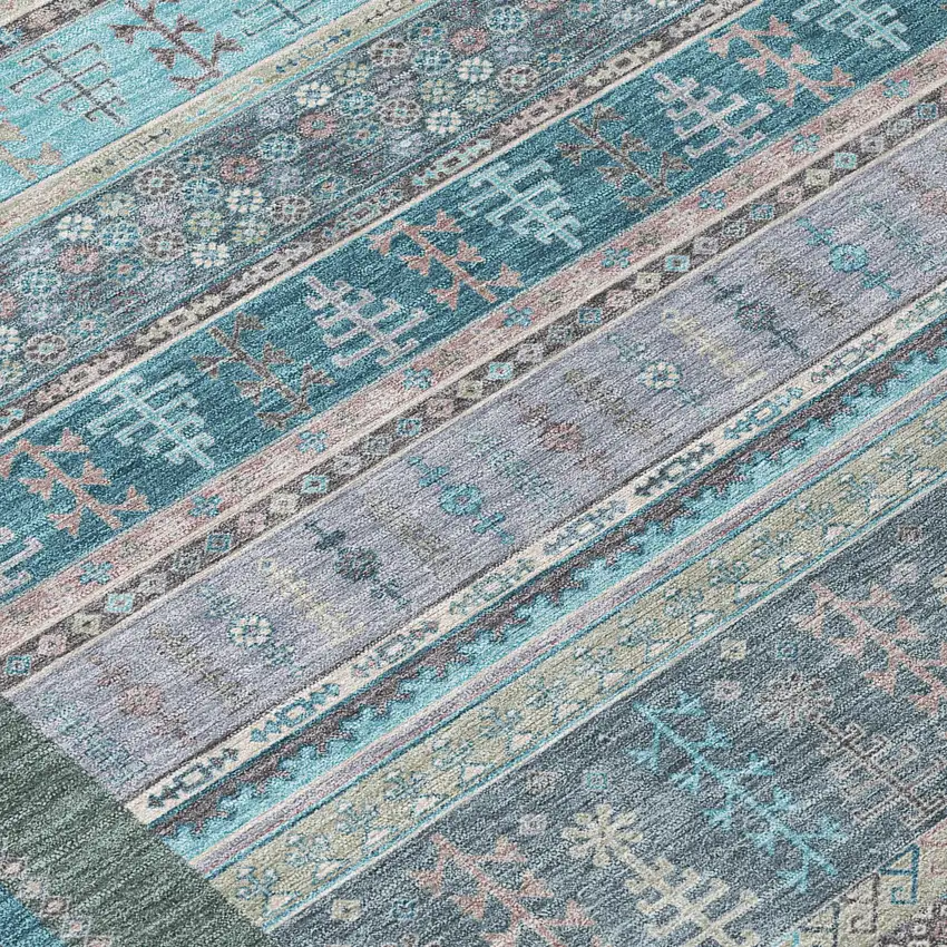 Teal Blue Beige And Pale Aqua Striped Washable Indoor Outdoor Area Rug Photo 7