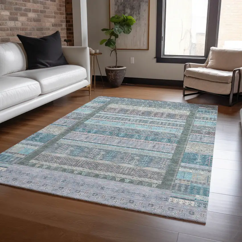 Teal Blue Beige And Pale Aqua Striped Washable Indoor Outdoor Area Rug Photo 8