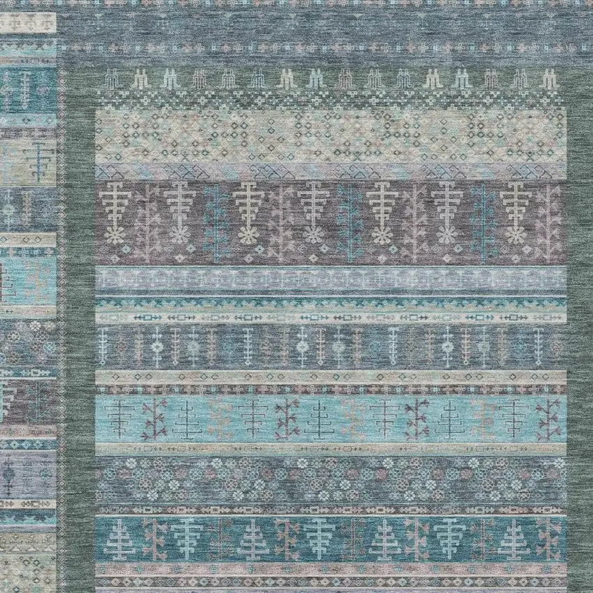 Teal Blue Beige And Pale Aqua Striped Washable Indoor Outdoor Area Rug Photo 6