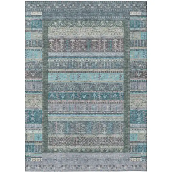 Teal Blue Beige And Pale Aqua Striped Washable Indoor Outdoor Area Rug Photo 1