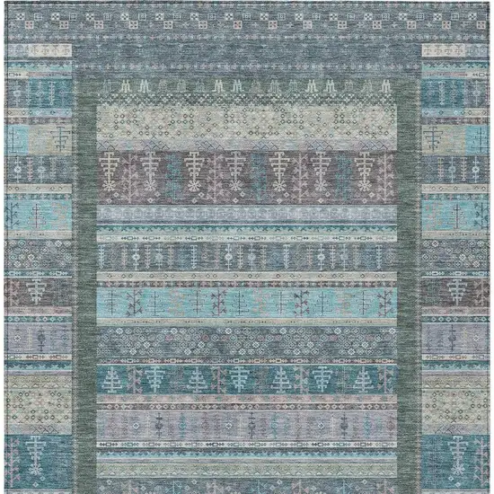 Teal Blue Beige And Pale Aqua Striped Washable Indoor Outdoor Area Rug Photo 4