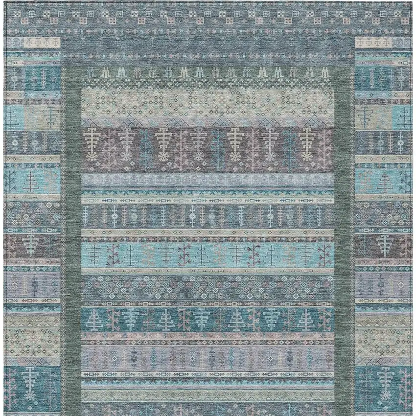 Teal Blue Beige And Pale Aqua Striped Washable Indoor Outdoor Area Rug Photo 3