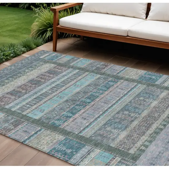 Teal Blue Beige And Pale Aqua Striped Washable Indoor Outdoor Area Rug Photo 2