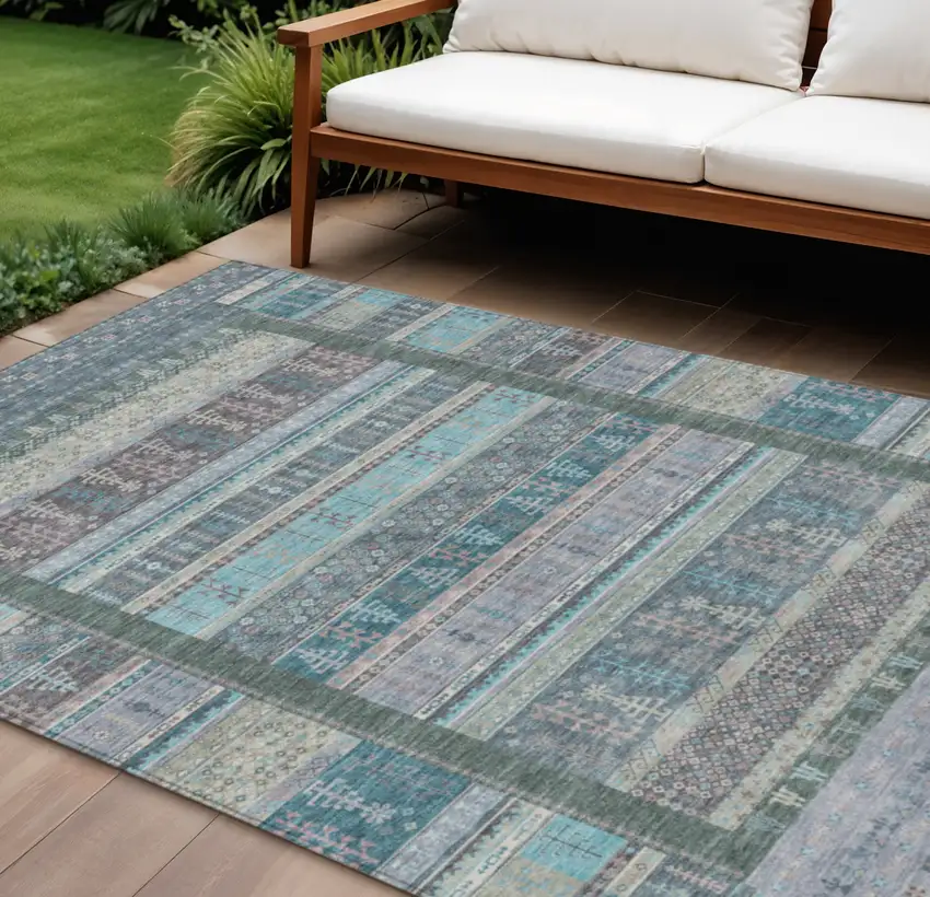 Teal Blue Beige And Pale Aqua Striped Washable Indoor Outdoor Area Rug Photo 2