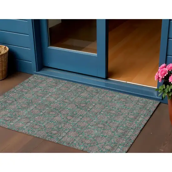 Teal Blue Beige And Taupe Floral Washable Indoor Outdoor Area Rug Photo 1