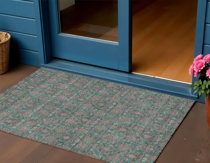 Teal Blue Beige And Taupe Floral Washable Indoor Outdoor Area Rug Photo 1