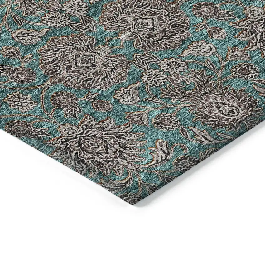 Teal Blue Beige And Taupe Floral Washable Indoor Outdoor Area Rug Photo 3