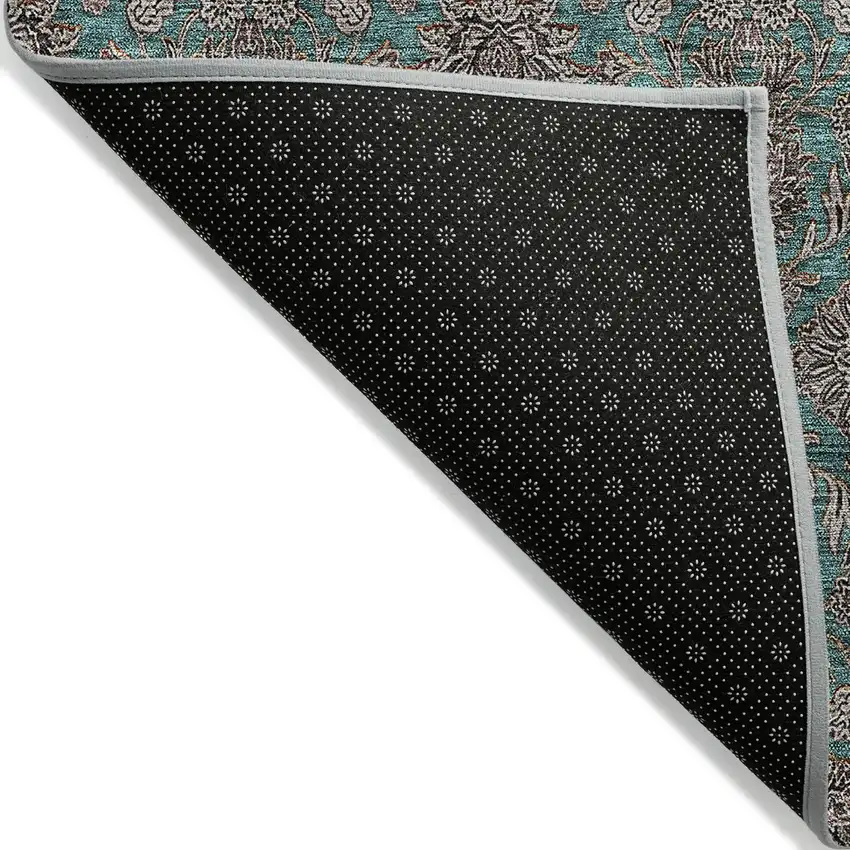 Teal Blue Beige And Taupe Floral Washable Indoor Outdoor Area Rug Photo 2