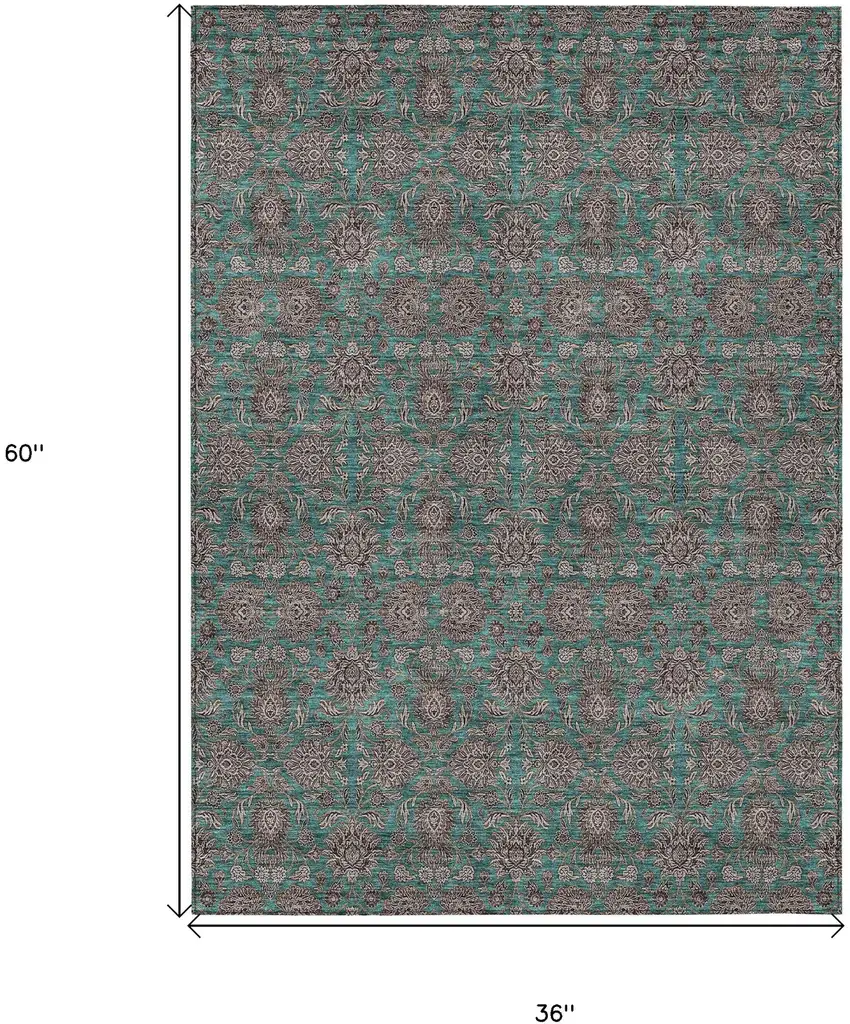 Teal Blue Beige And Taupe Floral Washable Indoor Outdoor Area Rug Photo 3
