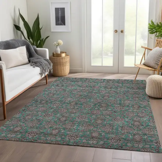Teal Blue Beige And Taupe Floral Washable Indoor Outdoor Area Rug Photo 8