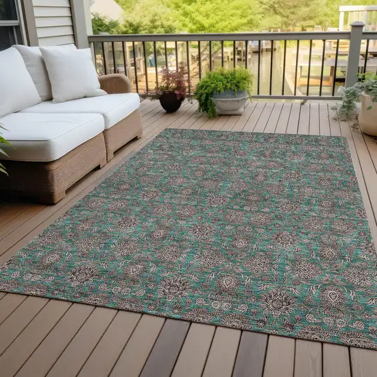 Teal Blue Beige And Taupe Floral Washable Indoor Outdoor Area Rug Photo 7