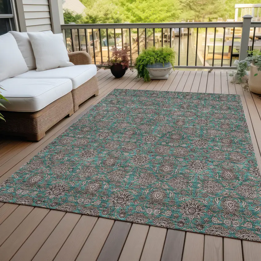 Teal Blue Beige And Taupe Floral Washable Indoor Outdoor Area Rug Photo 7