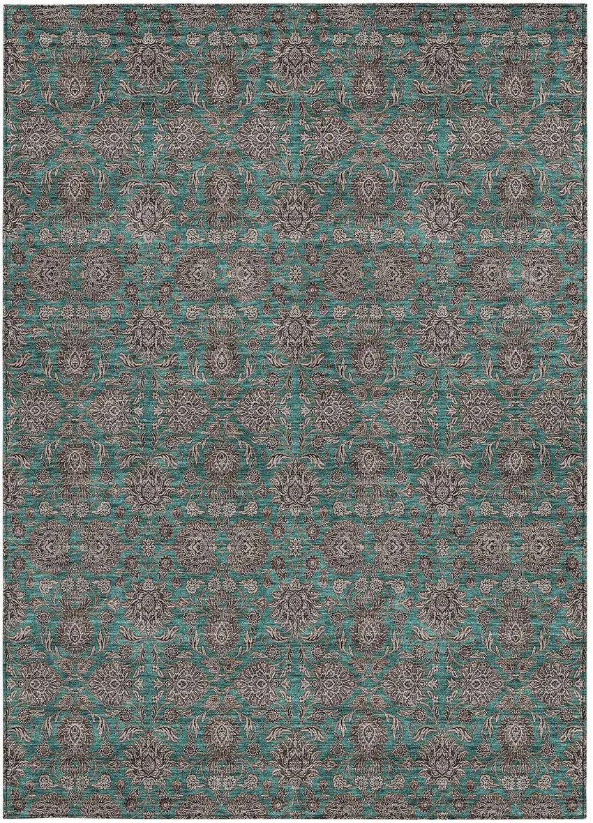 Teal Blue Beige And Taupe Floral Washable Indoor Outdoor Area Rug Photo 6