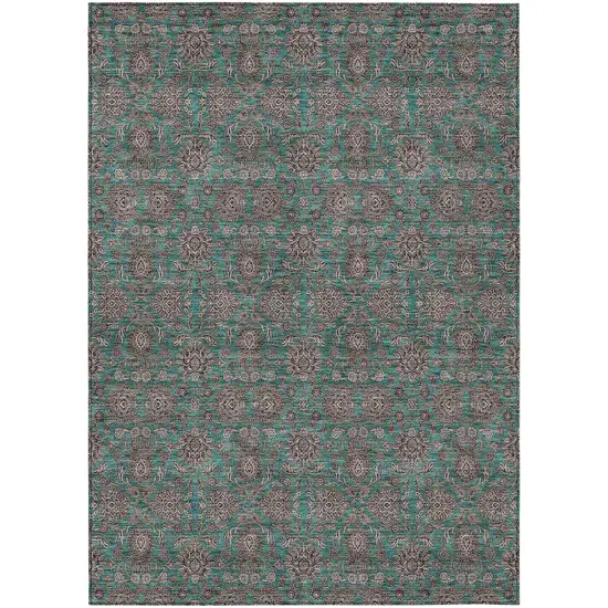 Teal Blue Beige And Taupe Floral Washable Indoor Outdoor Area Rug Photo 2