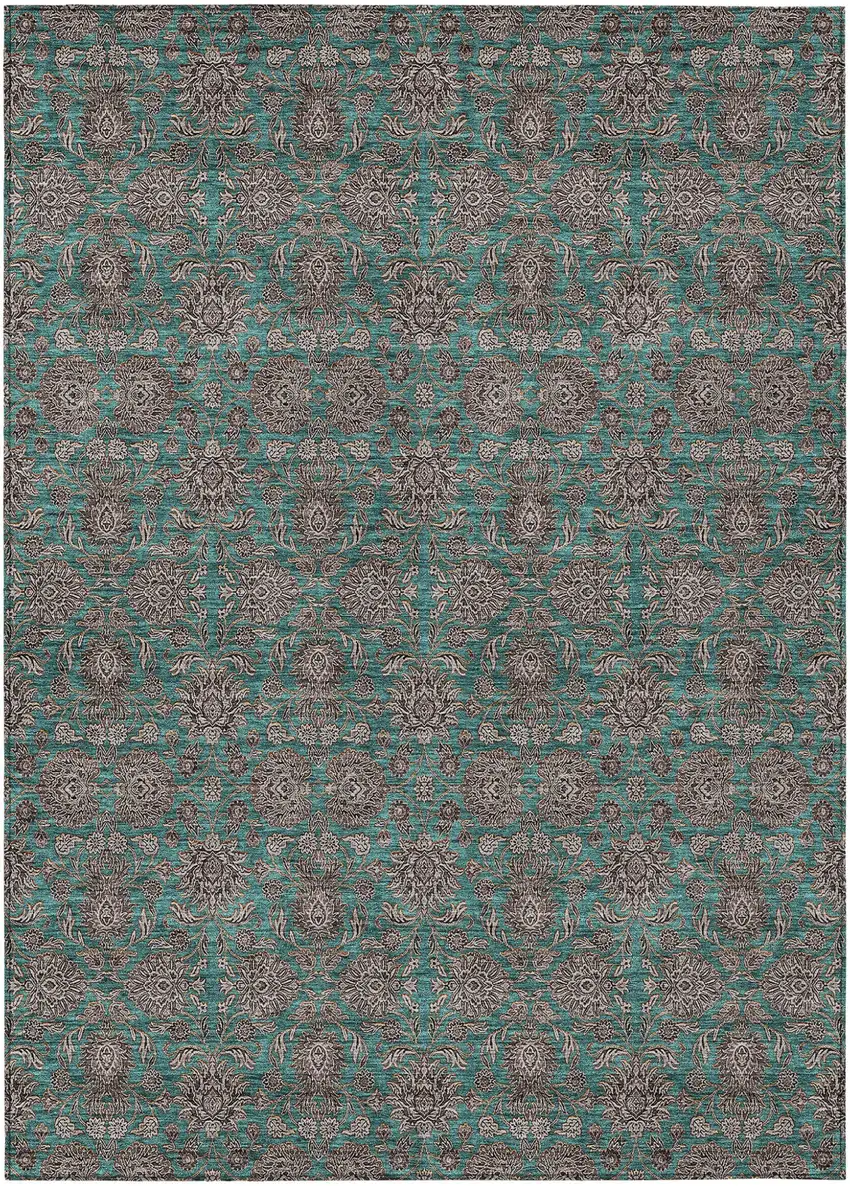 Teal Blue Beige And Taupe Floral Washable Indoor Outdoor Area Rug Photo 2