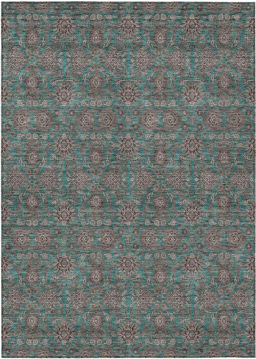 Teal Blue Beige And Taupe Floral Washable Indoor Outdoor Area Rug Photo 2
