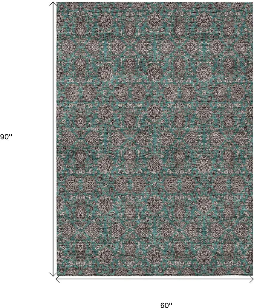 Teal Blue Beige And Taupe Floral Washable Indoor Outdoor Area Rug Photo 3