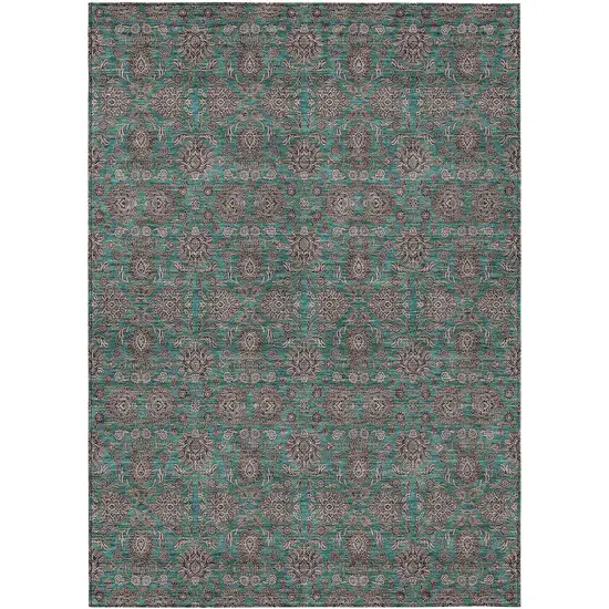 Teal Blue Beige And Taupe Floral Washable Indoor Outdoor Area Rug Photo 1