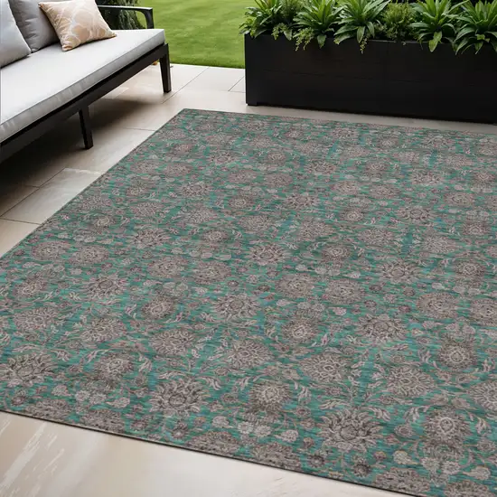 Teal Blue Beige And Taupe Floral Washable Indoor Outdoor Area Rug Photo 1