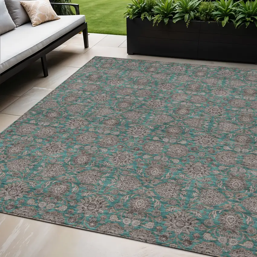 Teal Blue Beige And Taupe Floral Washable Indoor Outdoor Area Rug Photo 1